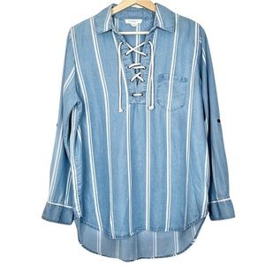 Anthropologie Beach Lunch Lounge Chambray Striped Lace Up Blouse
